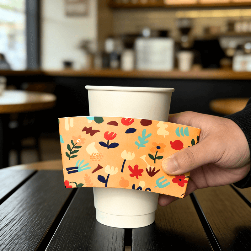 Hand positioning an orange floral-pattern cup sleeve around a white paper cup on a cafe table.