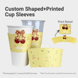 Product graphic titled “Custom Shaped+Printed Cup Sleeves,” showing a white paper cup with a yellow cherry-and-bow sleeve labeled “cherry,” plus a print-detail inset and two shaped sleeve samples.