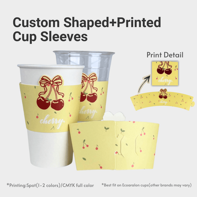 Product graphic titled “Custom Shaped+Printed Cup Sleeves,” showing a white paper cup with a yellow cherry-and-bow sleeve labeled “cherry,” plus a print-detail inset and two shaped sleeve samples.