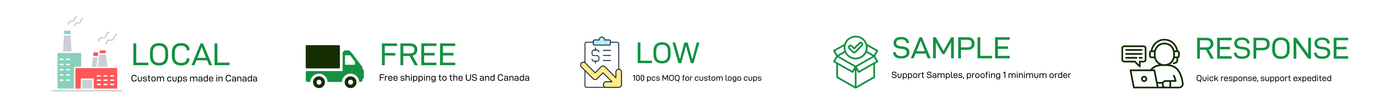 Service benefits for Ecoaralon custom cups: local, free shipping, low MOQ, free sample and fast response.