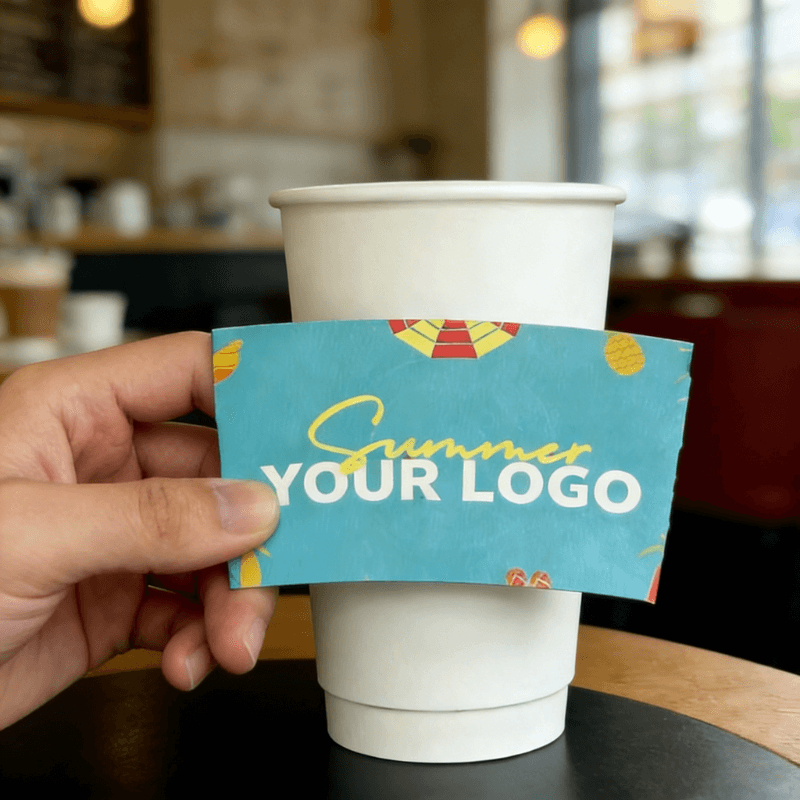 Teal ‘Summer’ cup sleeve with a customizable logo held against a white paper cup in a cafe.