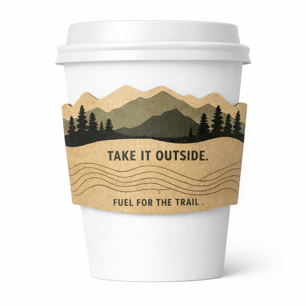 White paper cup with a kraft, mountain-shaped sleeve featuring a forest silhouette and the text “TAKE IT OUTSIDE.” and “FUEL FOR THE TRAIL.