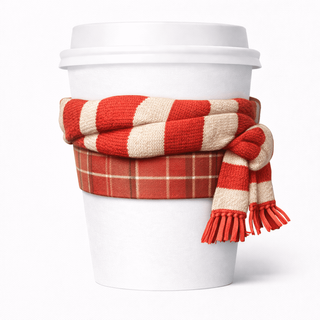 White paper cup wrapped with a red-and-cream striped scarf-style sleeve with tassels.