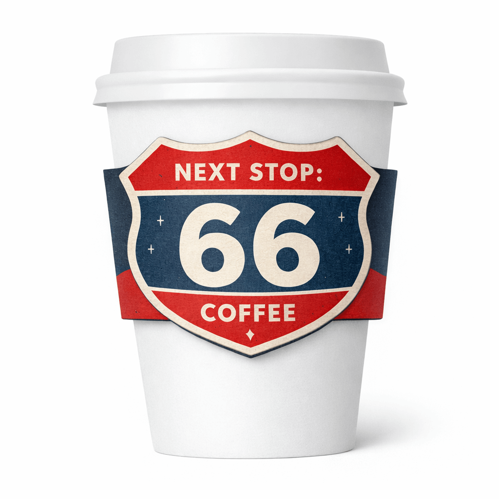 White paper cup with a retro highway-shield sleeve in red, white, and blue reading “NEXT STOP: 66 COFFEE.