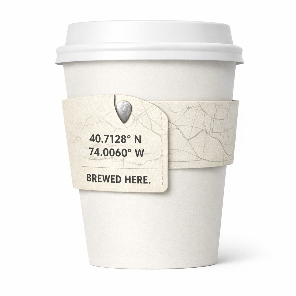 White paper cup with a map-style sleeve and a tag-shaped panel showing coordinates “40.7128° N 74.0060° W” and the text “BREWED HERE.