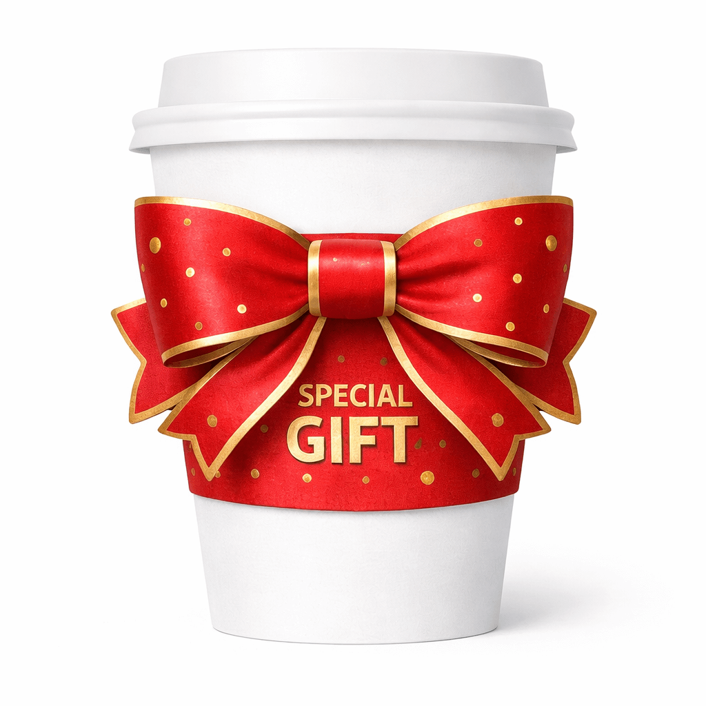 White paper cup with a large red bow-shaped sleeve with gold trim and polka dots, reading “SPECIAL GIFT.