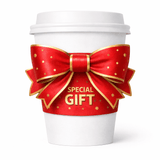 White paper cup with a large red bow-shaped sleeve with gold trim and polka dots, reading “SPECIAL GIFT.