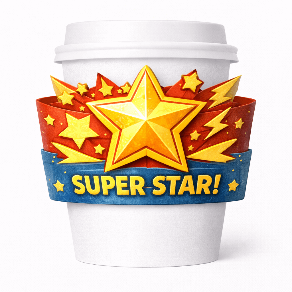 White paper cup with a bold layered starburst sleeve reading “SUPER STAR!” with a large gold star and lightning details.