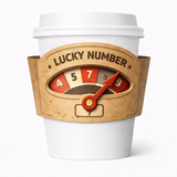 White paper cup with a “LUCKY NUMBER” dial-style sleeve featuring numbered segments and a red pointer.